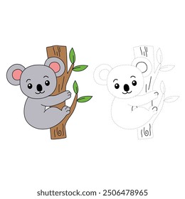 Koala coloring pages for kids. Trace and color koala. Coloring page outline of koala. Koala tracing worksheet. Kindergarten and preschool activity. Animal tracing worksheet for kids preschool.