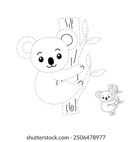 Koala coloring pages for kids. Trace and color koala. Coloring page outline of koala. Koala tracing worksheet. Kindergarten and preschool activity. Animal tracing worksheet for kids preschool.