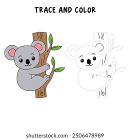 Koala coloring pages for kids. Trace and color koala. Coloring page outline of koala. Koala tracing worksheet. Kindergarten and preschool activity. Animal tracing worksheet for kids preschool.
