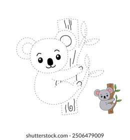 Koala coloring pages for kids. Trace and color koala. Coloring page outline of koala. Koala tracing worksheet. Kindergarten and preschool activity. Animal tracing worksheet for kids preschool.