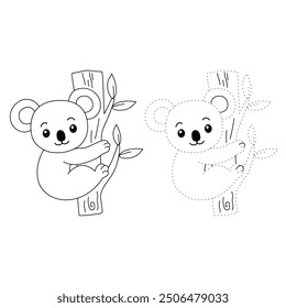 Koala coloring pages for kids. Trace and color koala. Coloring page outline of koala. Koala tracing worksheet. Kindergarten and preschool activity. Animal tracing worksheet for kids preschool.