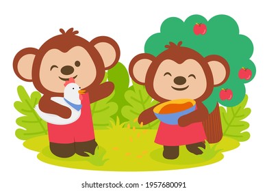 Koala couple are feeding chickens near apple tree in garden, animal cartoon character, vector illustration