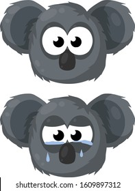 Koala is crying. Extinction of Australian animal. Set of gray cute bear Heads. face of a funny and sad character. Protecting the beast from disaster and tears.