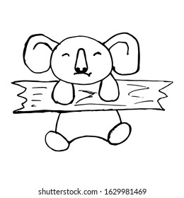 KOALA cub hanging a bear cub on a tree. Hand-drawn, line art. Design for print, news, postcards, fabrics. Vector stock illustration.