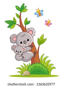 Koala with a cub on its back climbs a tree. Vector illustration with cute animal in cartoon style.