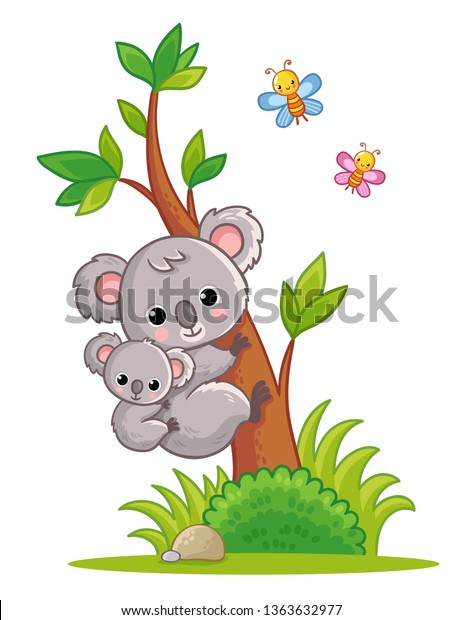 背中に子猫を持つコアラは 木に登る 漫画風のかわいい動物を描いたベクターイラスト のベクター画像素材 ロイヤリティフリー