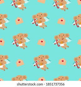 Koala Cupid seamless pattern vector. Koala Cupid holding a bow and arrow cartoon on a blue background.Valentine's day