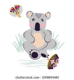 Koala cute bear and moths on a meadow vector clipart. Children shirt and clothes applique design.