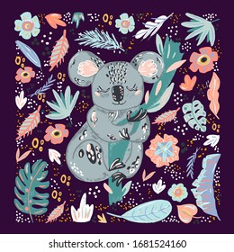 Imagen vectorial plana dibujada a mano con doodle de Koala. Anuncio de fondo floral de vectores de selva silvestre.Ramas de hierbas con hojas, flores y elementos de diseño de manchas. Selva tropical. 