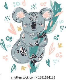 Imagen vectorial plana dibujada a mano con doodle de Koala. Anuncio de fondo floral de vectores de selva silvestre.Ramas de hierbas con hojas, flores y elementos de diseño de manchas. Selva tropical. 