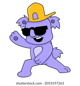 Koala tanzen im Stil eines Rapper in Sonnenbrillen, Vektorgrafik. doodle Symbol Bild kawaii.