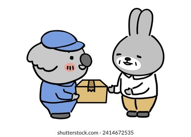 A koala delivery man delivering a package and a rabbit character receiving it.