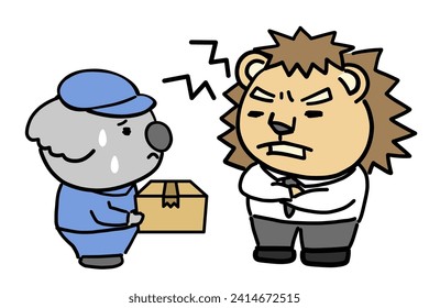 A koala deliveryman and an angry lion character delivering a package.