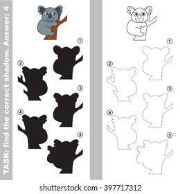Koala with different shadows to find the correct one. Compare and connect object with it true shadow. Visual game for children.