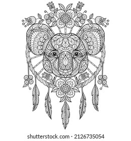 Koala and dream catcher. Hand drawn sketch illustration for adult coloring book