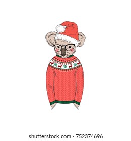koala dressed up in funny Christmas sweater, furry art illustration