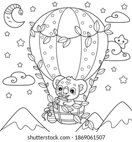 Koala drinks tea and fly in hot air balloon coloring page for kids. Black and white outline illustration.