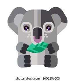 Koala eating leaf of eucalypts. Happy gray bear holding a green leaf. Cute cartoon character of koala. Pray for Australia. Vector illustration isolated on white background. 