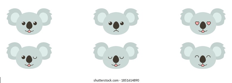 Koala emoji head set. Animal cute emotion face collection. Vector illustration isolated on white.