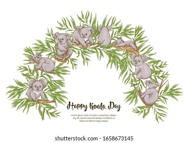 Koala and eucalyptus. Clip art, template design, good for the printing on cover of a notebook, tablet, phone. Colored vector illustration..