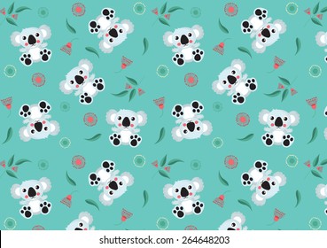 Koala and Eucalyptus flowers, leaves Pattern, Children fabric design, textile