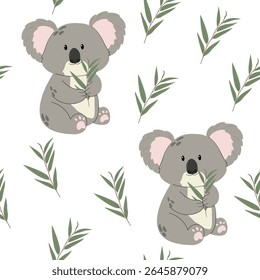 Coala e eucalipto vetor padrão sem costura. Animais de criança para tecidos de bebê, cartões, capas, papéis de parede e design de bebê, roupas	