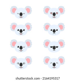 Koala face emotion set. Cute koala bear head collection. Vector illustration isolated on white.