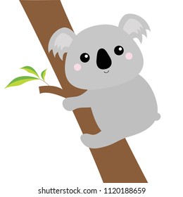 Koala face head hanging on eucalyptus tree. Gray silhouette. Kawaii animal. Cute cartoon bear character. Funny baby with eyes, nose, ears. Love Greeting card. Flat design. White background Vector