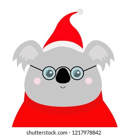 Koala face head. Red Santa hat, sweater, glasses. Merry Christmas. Kawaii animal. Cute cartoon bear funny baby character. New Year. Greeting card. Flat design. White background Isolated. Vector