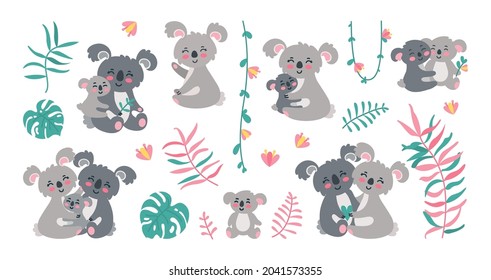 Koala Familie in Dschungeln. Koala Eltern mit Babys in Blättern, Lianen und Blumen. Vektorgrafik einzeln auf weißem Hintergrund