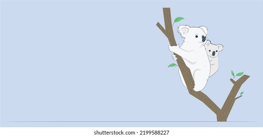 Koala Family On Wood Branch With Green Leaves. Australian Animal Funniest Koala Sitting On Eucalyptus Branch. Cartoon Vector Illustration. Koalas Are Not A Type Of Bear.