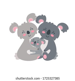 La familia Koala. Los padres felices abrazando a su hijo. Ilustración vectorial en un estilo plano lindo