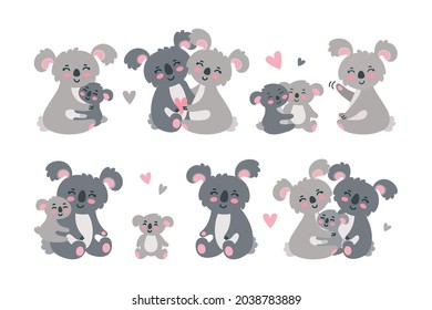 Koala Familie Set. Umarmende und liebende koala Eltern mit Babys. Vektorgrafik einzeln auf weißem Hintergrund