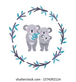 Koala family vector illustration. Cute bear hand drawn card with mother, father and baby. Funny concept for kids