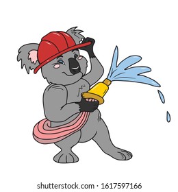 A Koala firefighter in a helmet stands with hoses to put out the fire .Vector illustration on a white isolated background. Design for postcards and banners.animal