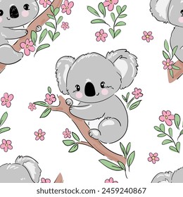 Koala und Blumen Muster nahtlos. Druckdesign für Textilien. Netter kindischer Hintergrund.