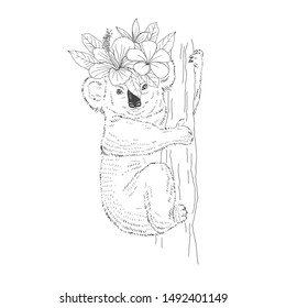 Koala with flowers wreath hand drawn sketch. Marsupial animal embracing tree trunk black and white illustration. Australian bear with exotic foliage and blossom coloring book, postcard design element