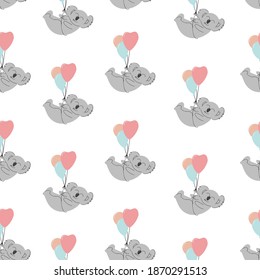 Koala is flying on balloons. seamless pattern. Decorative wallpaper for the nursery in the Scandinavian style. Vector. Suitable for children's clothing, interior design, packaging, printing