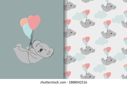 Koala is flying on balloons. Set of vector backgrounds and illustrations. Children's illustrations in cartoon hand-drawn style for printing on clothes, interior design, packaging, printing.