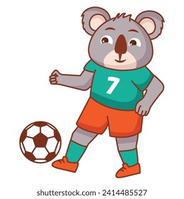 A koala football game. Score a goal.Draw paths for the ball. Cute animal.Soccer player koala bear.Isolated on white background.Character cartoon vector illustration.