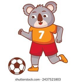 A koala football game. Score a goal.Draw paths for the ball. Cute animal.Soccer player koala bear.Isolated on white background.Character cartoon vector illustration.