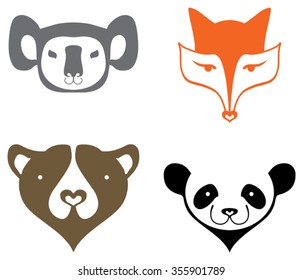 Koala, fox, bear, panda, head silhouette - simple vector signs.