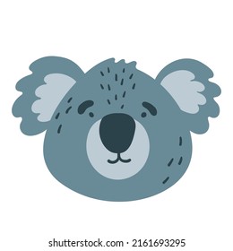 Сute koala funny animal face, head. Сartoon isolated muzzle. Vector illustration for print on children's clothing, greeting cards, nursery, stickers, stationery, room decor