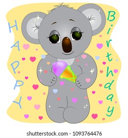 koala with a gift cartoon vector illustration. happy birthday greeting card with little koala.