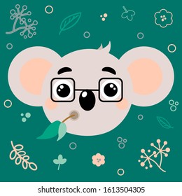 Koala with glasses on a green background with leaves