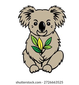 Koala con una rama verde y hojas. Ilustración vectorial de un animal esponjoso gris. Aislado en un fondo blanco.