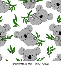 Koala and green leaves eucalyptus pattern seamless. Print design for textile. Cute childish background.