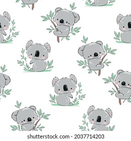 Koala and green leaves eucalyptus pattern seamless. Print design for textile. Cute childish background.