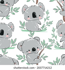 Koala and green leaves eucalyptus pattern seamless. Print design for textile. Cute childish background.