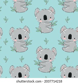 Koala and green leaves eucalyptus pattern seamless. Print design for textile. Cute childish background.